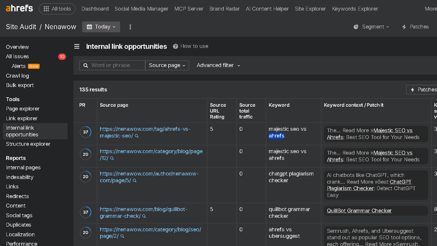 Ahrefs Internal link opportunities