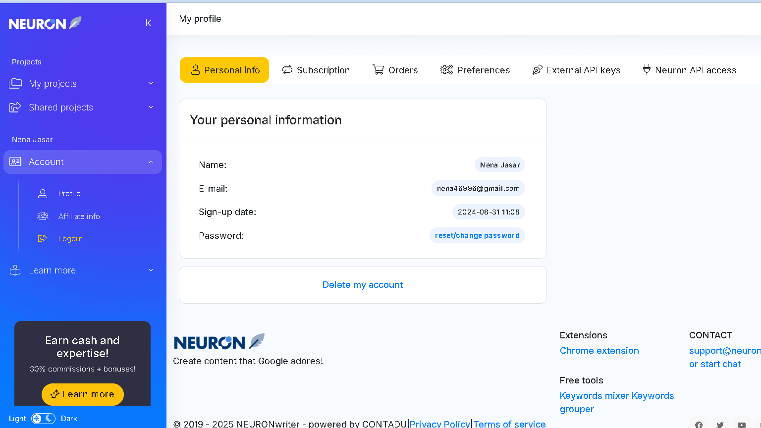 My account on Neuronwriter
