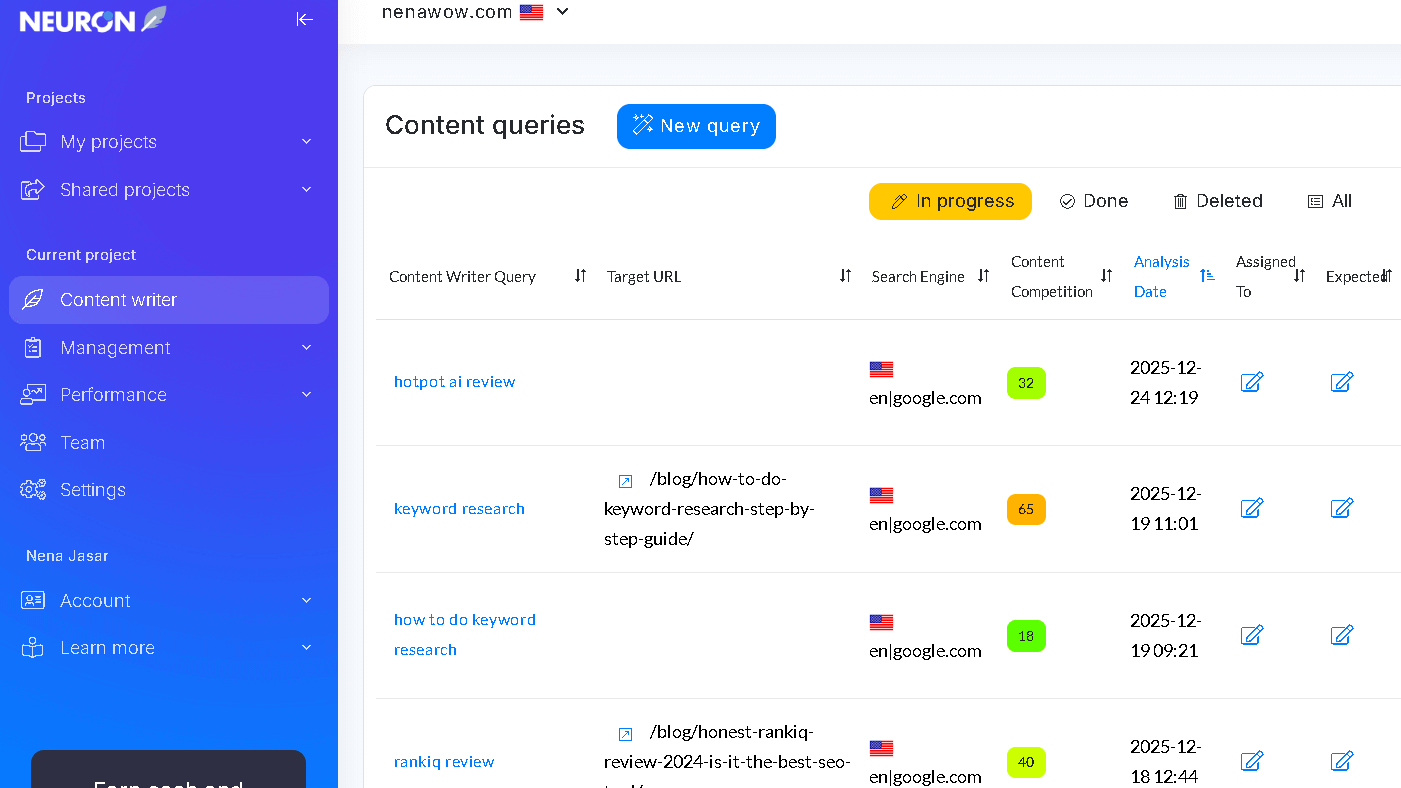 neuron writer Content queries