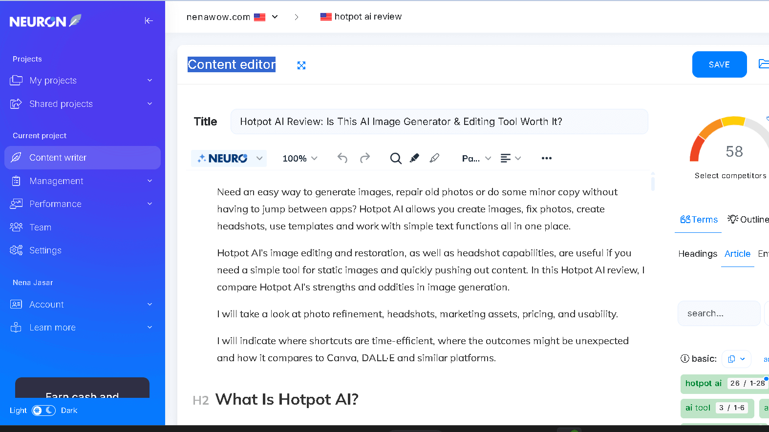 Content editor ON Neuronwriter