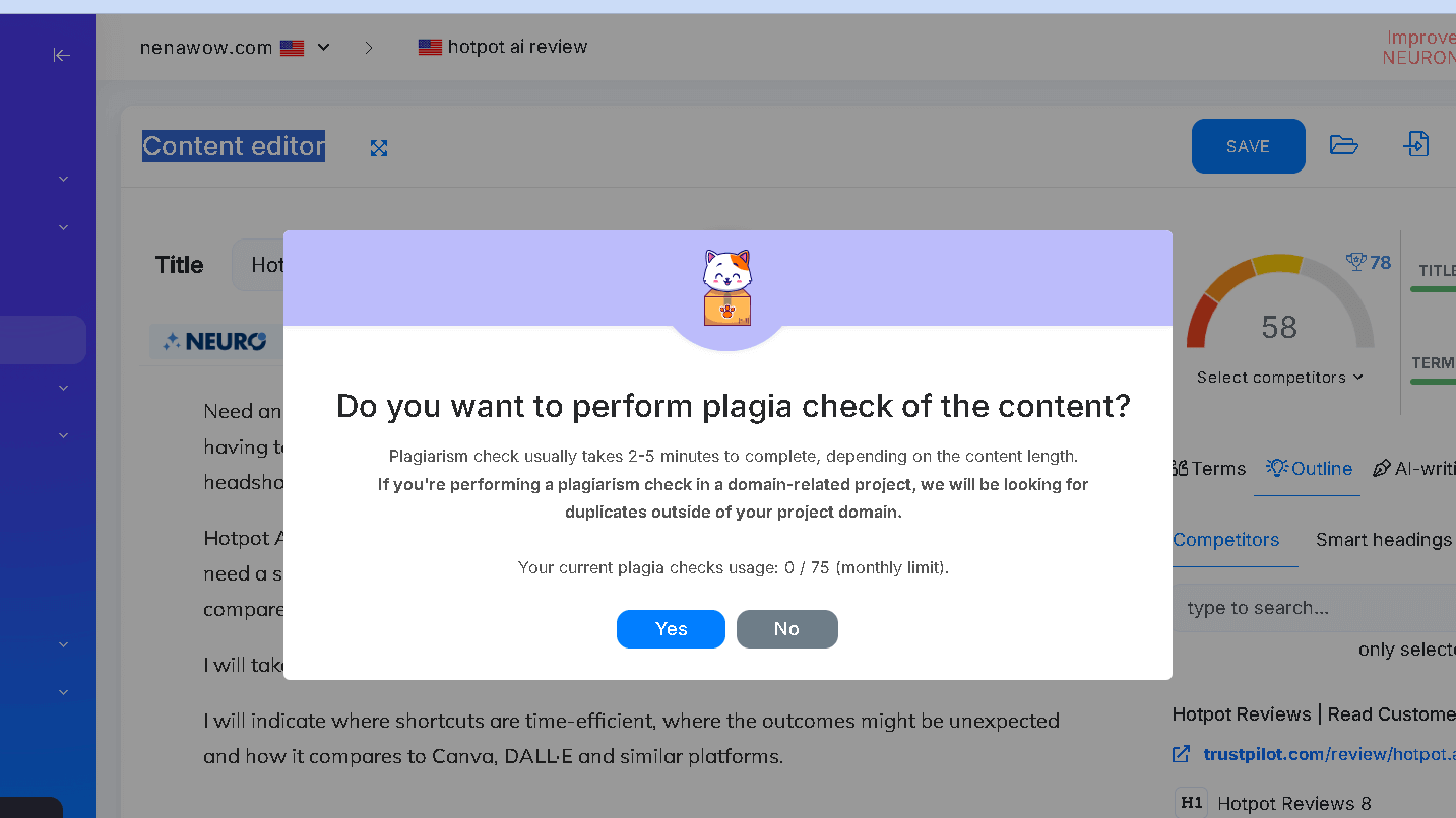 Check plagiarism feature on neuronwriter