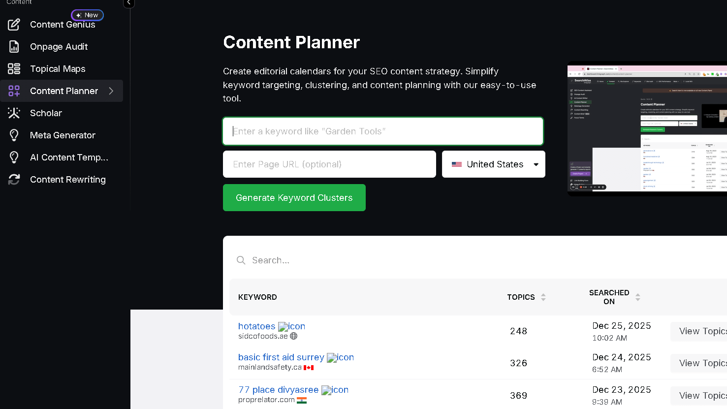 Content planner feature on Search Atlas