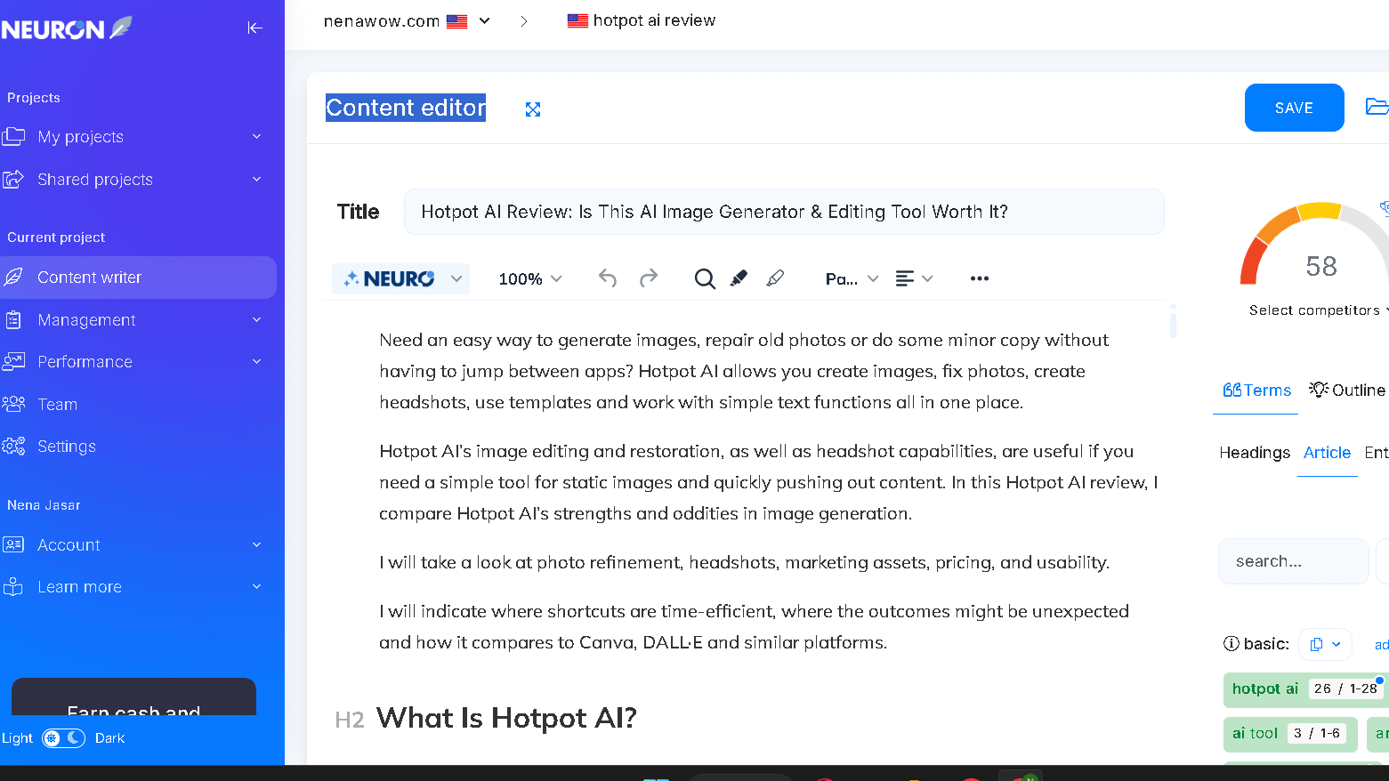 Content editor ON Neuronwriter