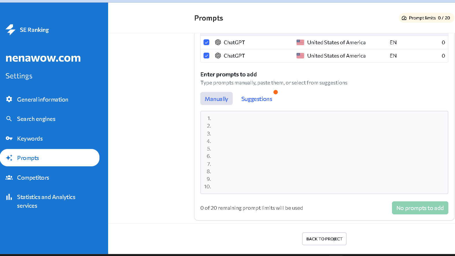 SE RANKING add prompts for ranktracking feature