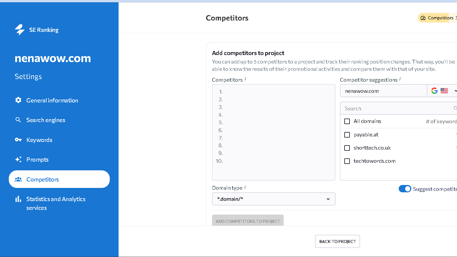 SE Ranking-add competitors to project for ai overviews rank tracking