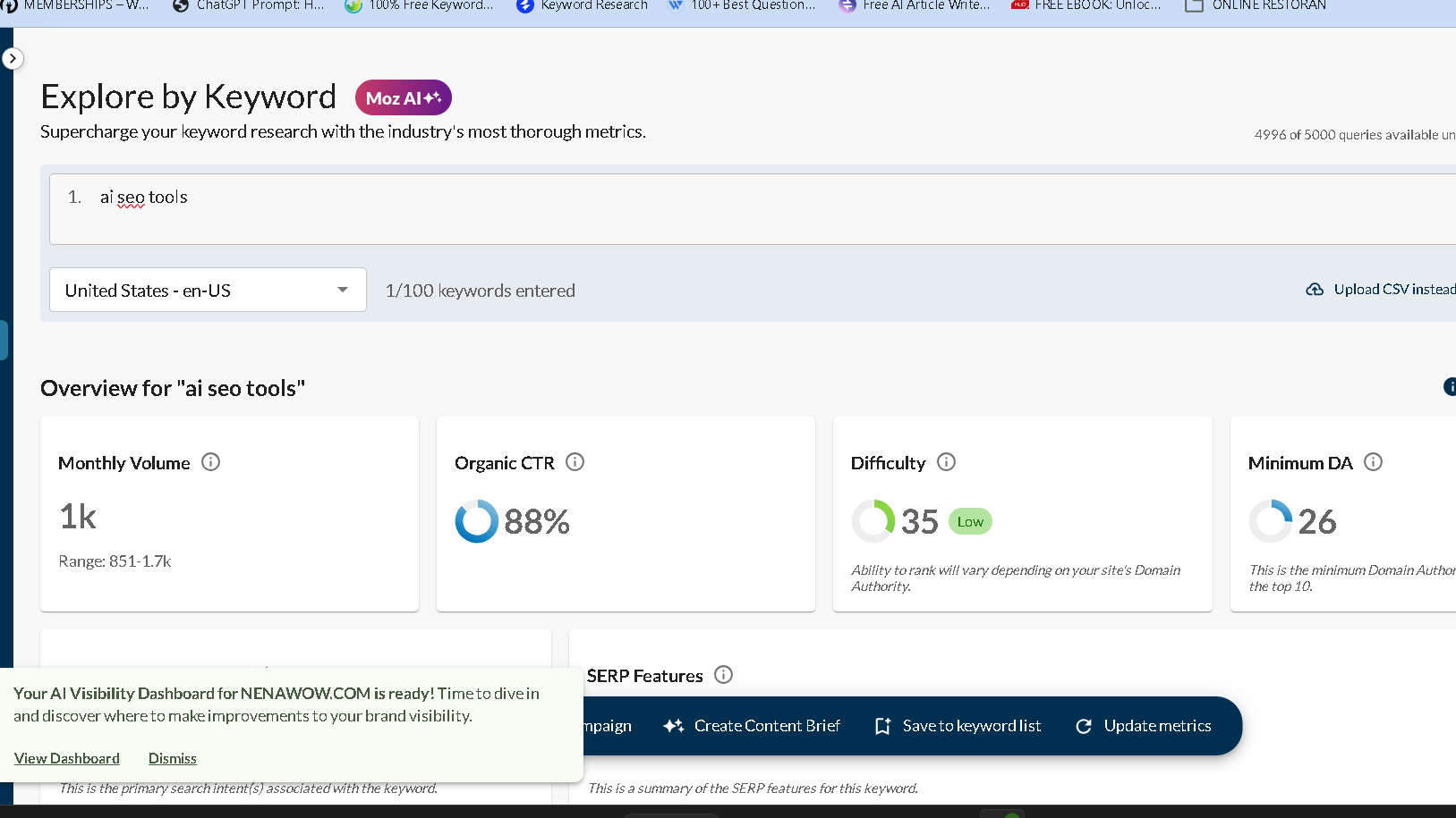 Moz Keyword explorer result fotr ai seo tools