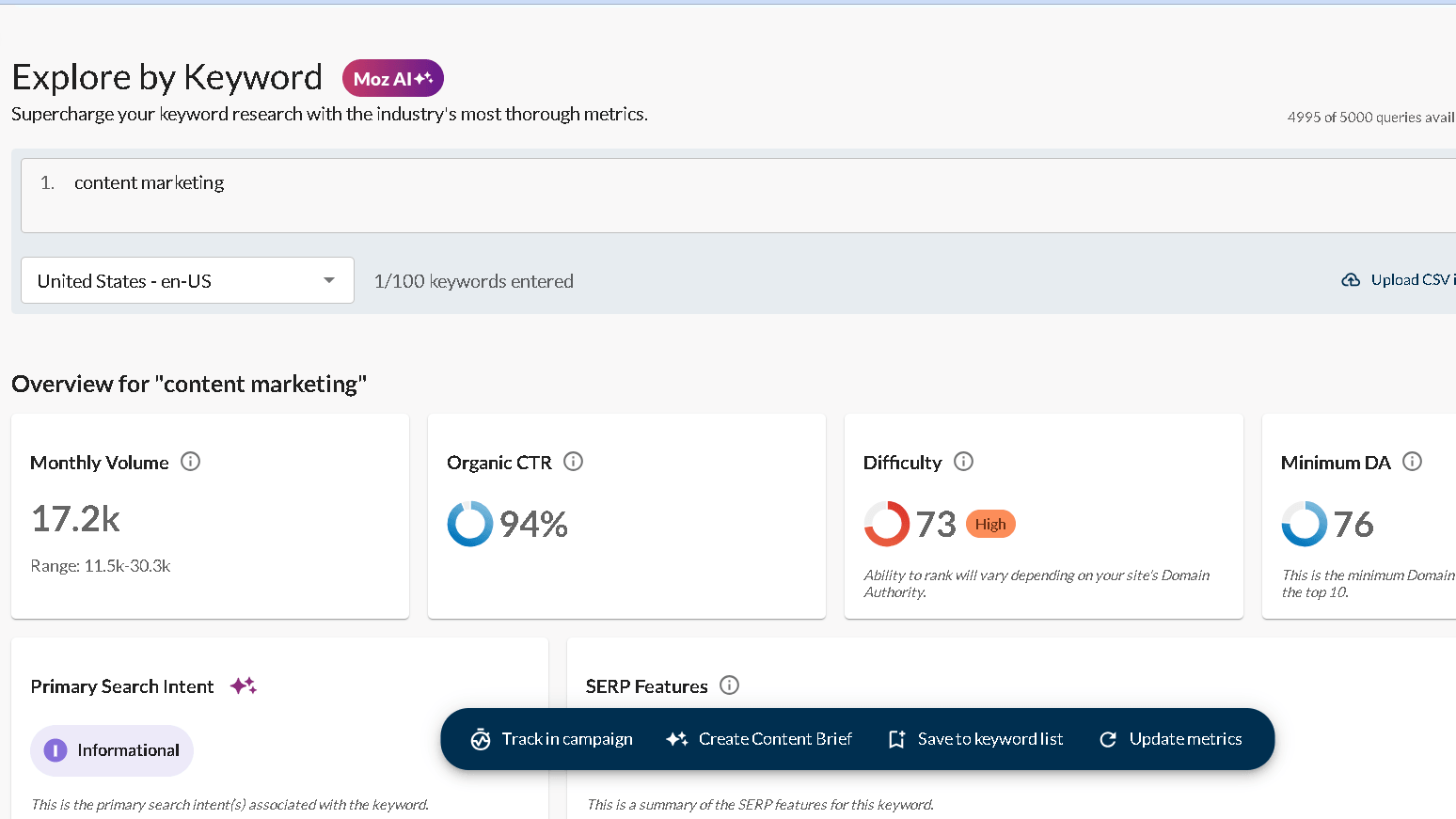 Moz keyword explorer-keyword content marketing