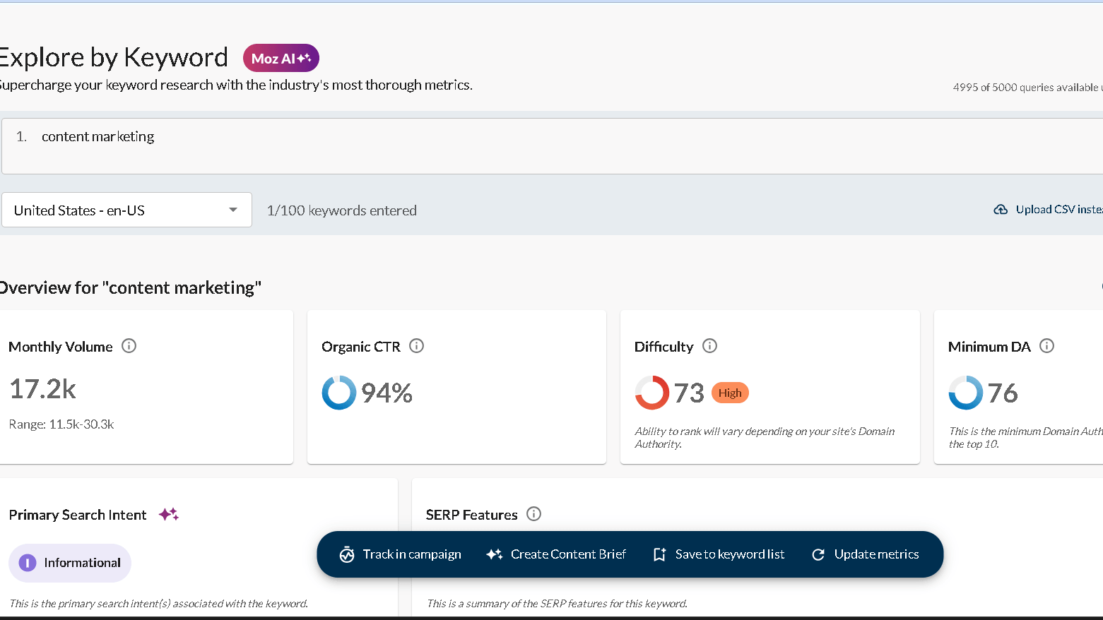 Moz keyword explorer-keyword content marketing
