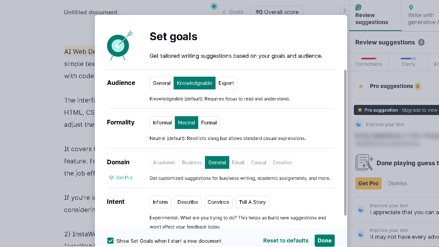 Grammarly-Set Goals for writing