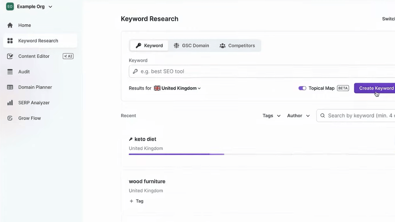 Keyword Research Example on Surfer