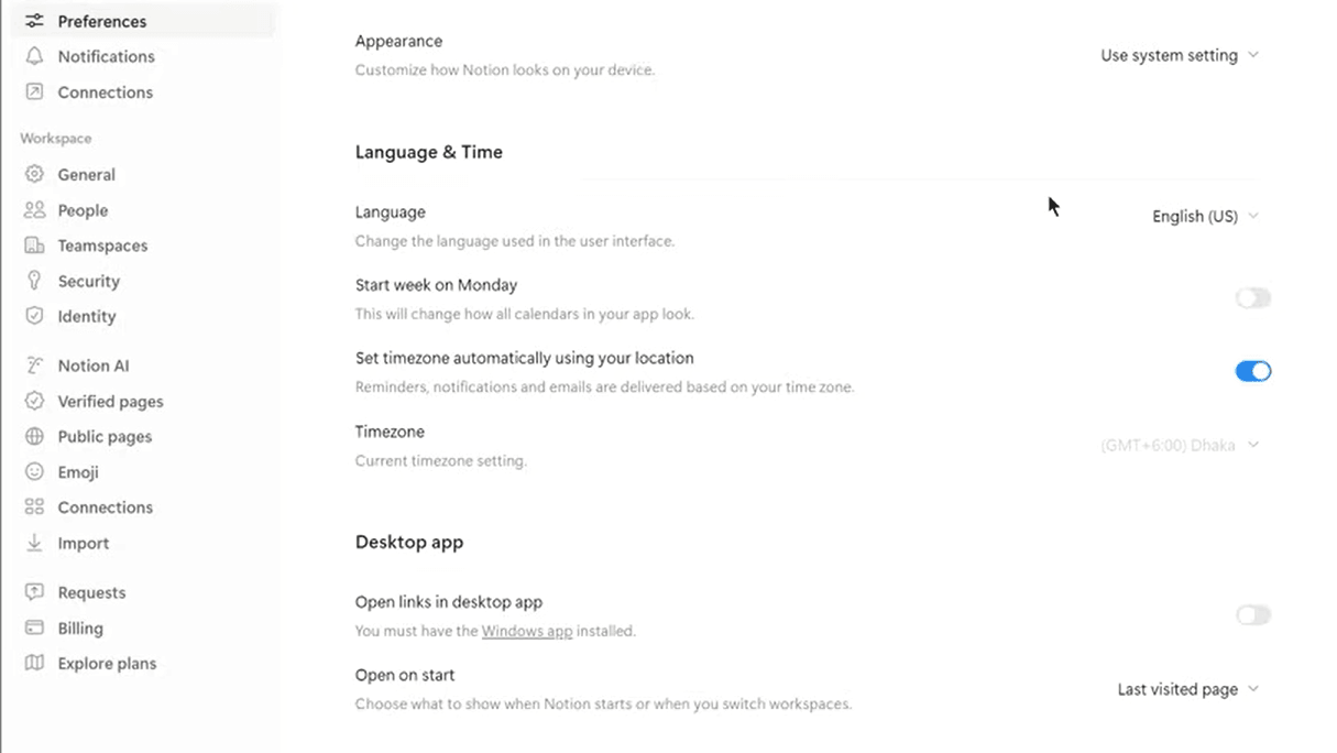 Notion AI SETTINGS