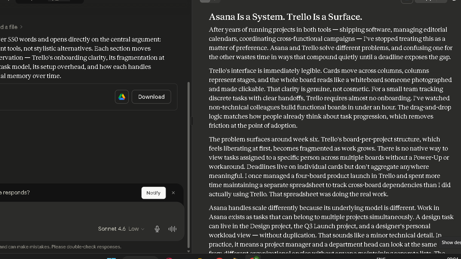 Screenshot: Claude output — same prompt, same brief