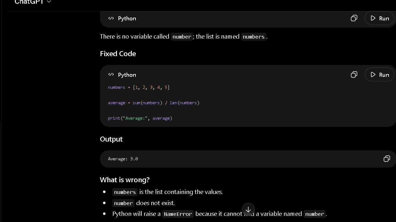Coding test — same broken script, ChatGPT output