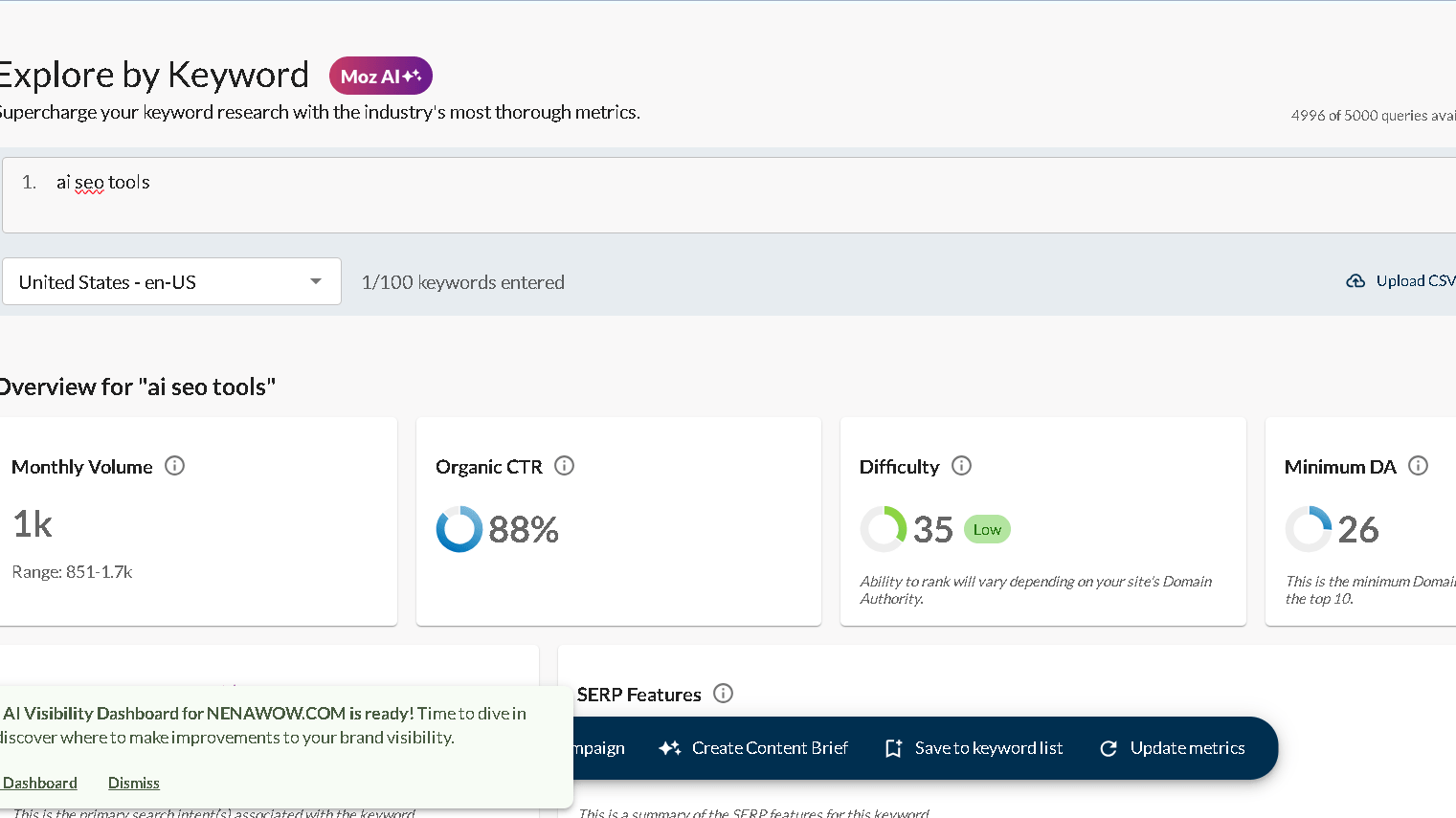 Moz Keyword explorer result fot ai seo tools