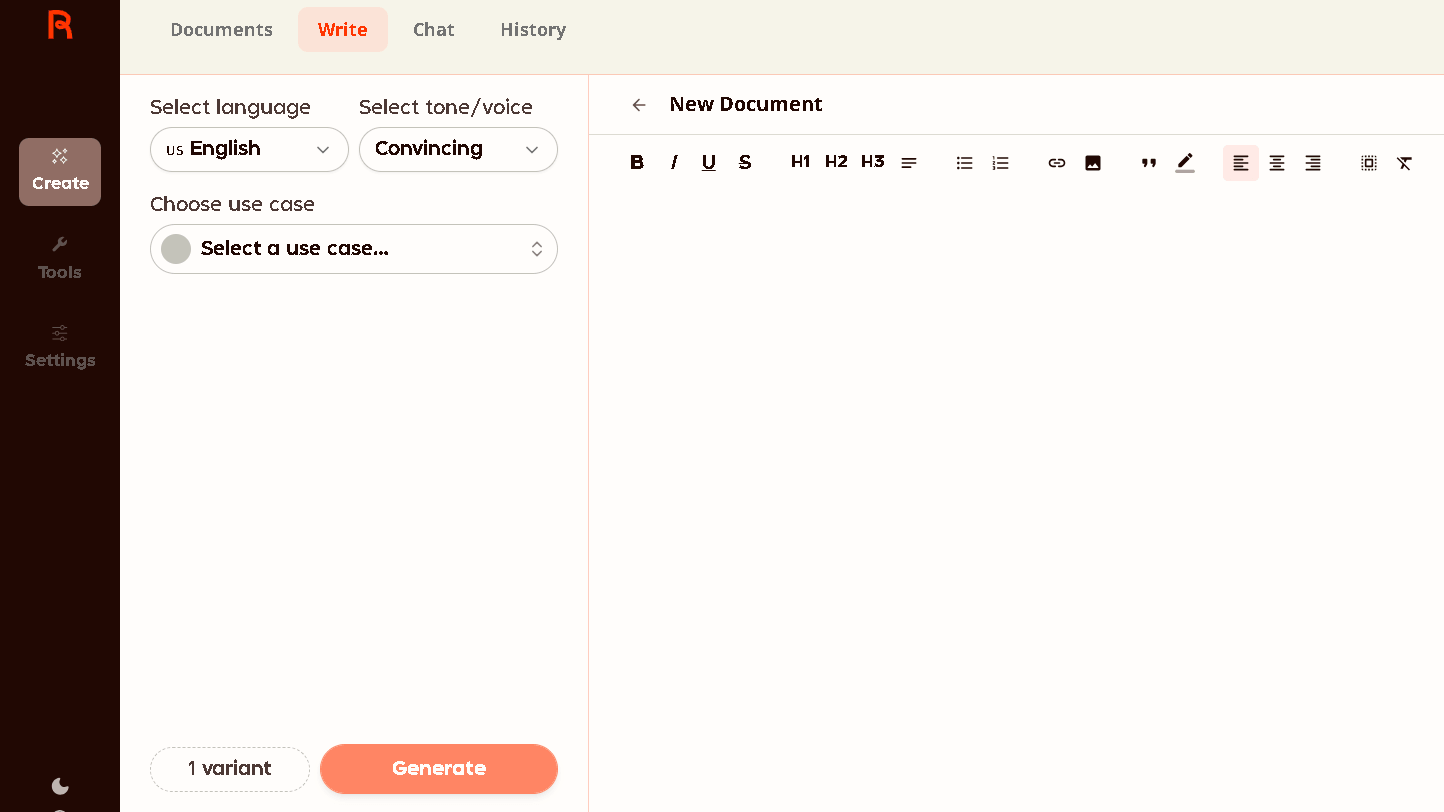 User Interface on Rytr AI
