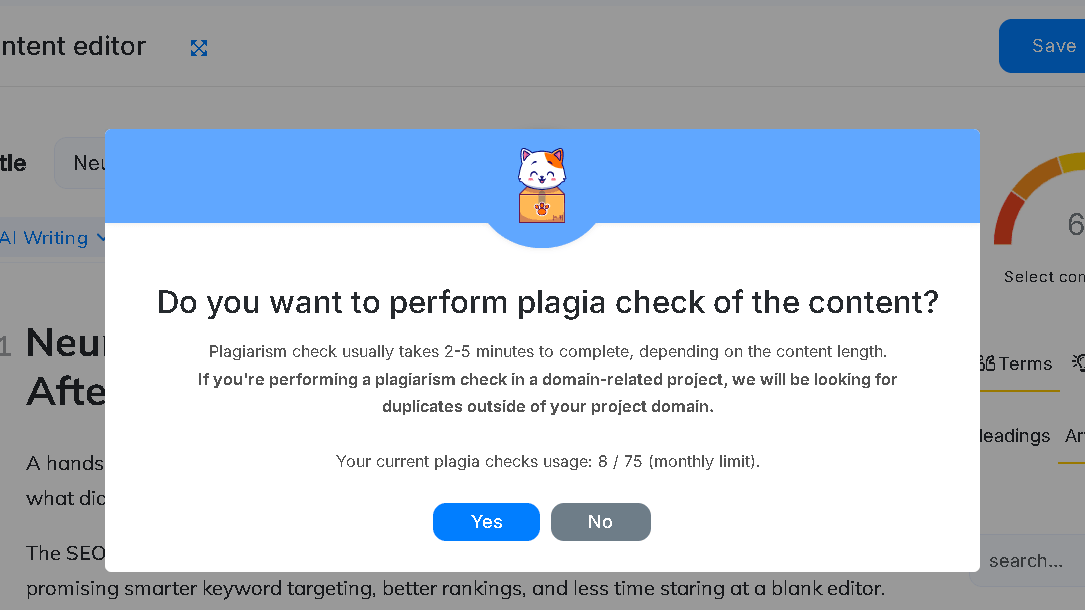 Plagiarism checker on NeuronWriter