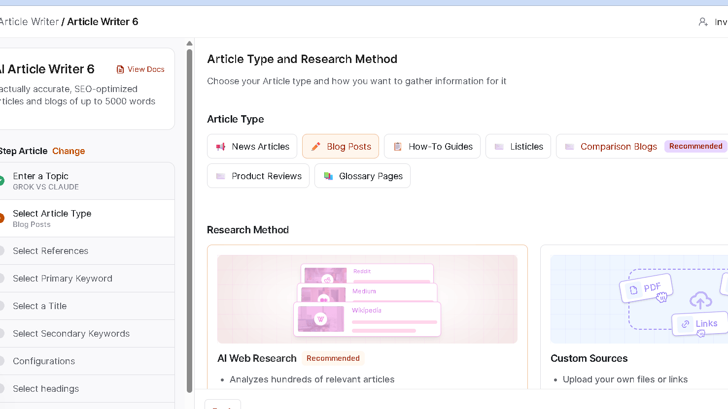 Writesonic Article Type and Research Method