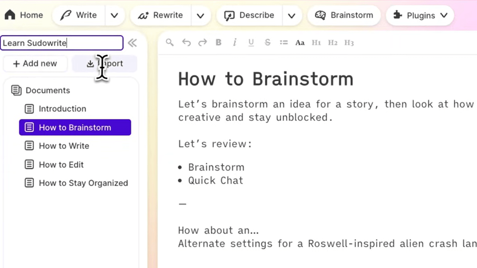 Sudowrite Brainstorm Feature