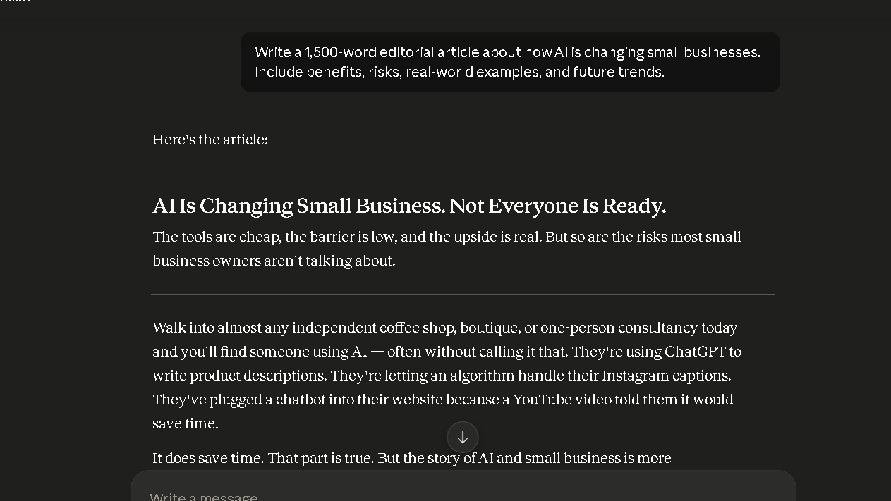 Claude generating an editorial article about AI adoption in small businesses with structured headings and long-form analysis