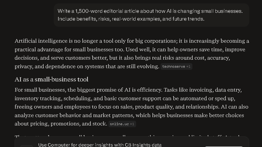 Perplexity generating an editorial article about AI adoption in small businesses with research-focused formatting and citations