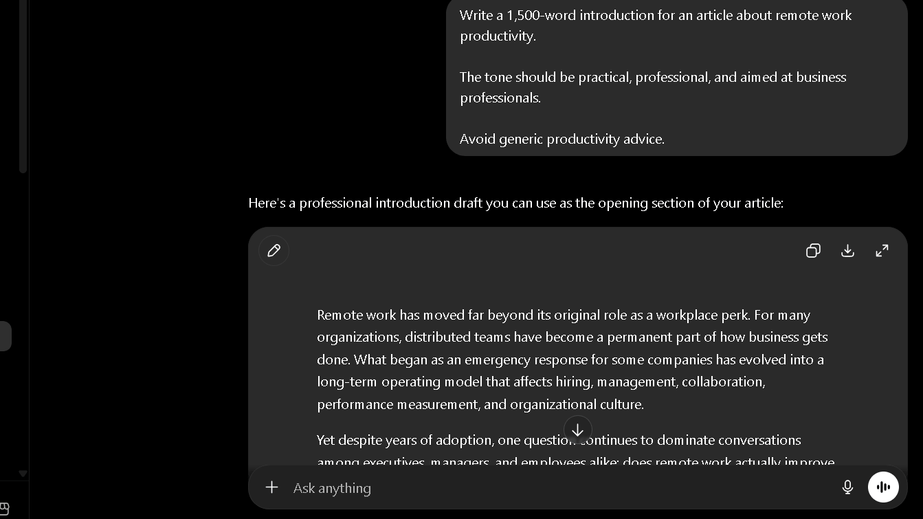 ChatGPT vs Perplexity writing test showing ChatGPT's introduction for a remote work productivity article with stronger structure and smoother flow.