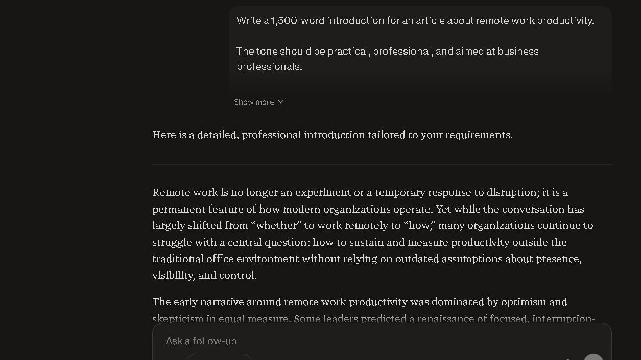ChatGPT vs Perplexity writing test showing Perplexity's introduction for a remote work productivity article with a research-oriented writing style.
