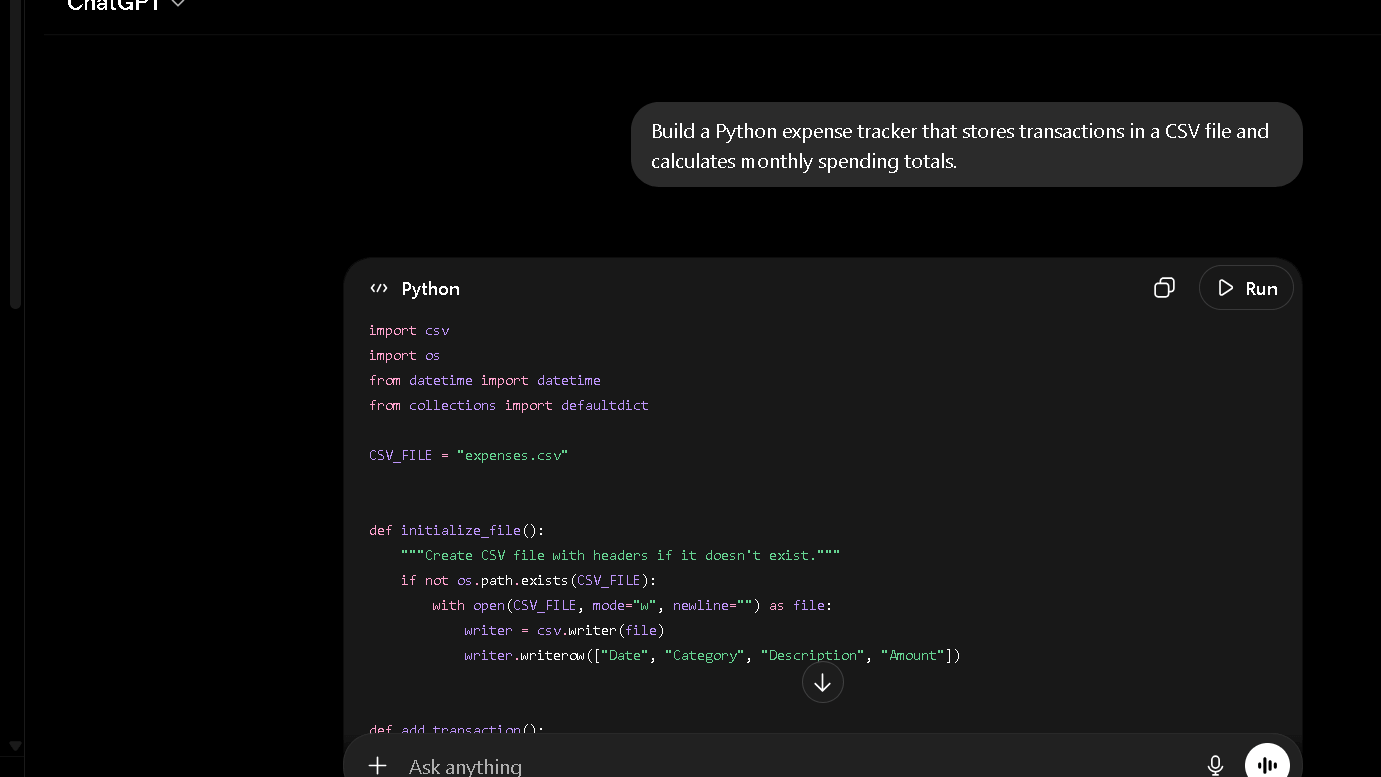 ChatGPT vs Perplexity coding comparison showing ChatGPT generating a Python expense tracker with CSV storage, monthly spending calculations, code structure, and detailed explanations.