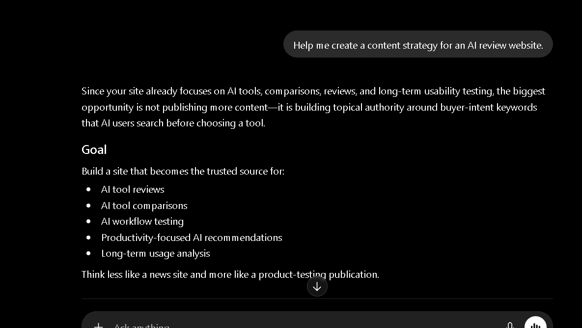 ChatGPT long-context test showing the initial prompt requesting a content strategy for an AI review website and ChatGPT's first recommendations.
