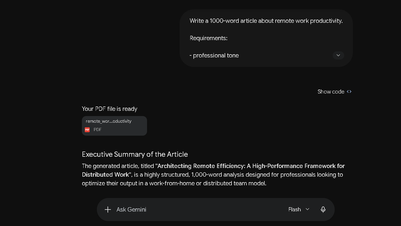 Gemini writing test using a 1,000-word remote work productivity prompt.