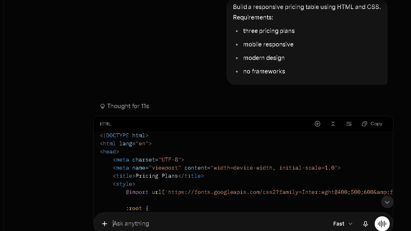 Grok coding test using a responsive pricing table prompt.