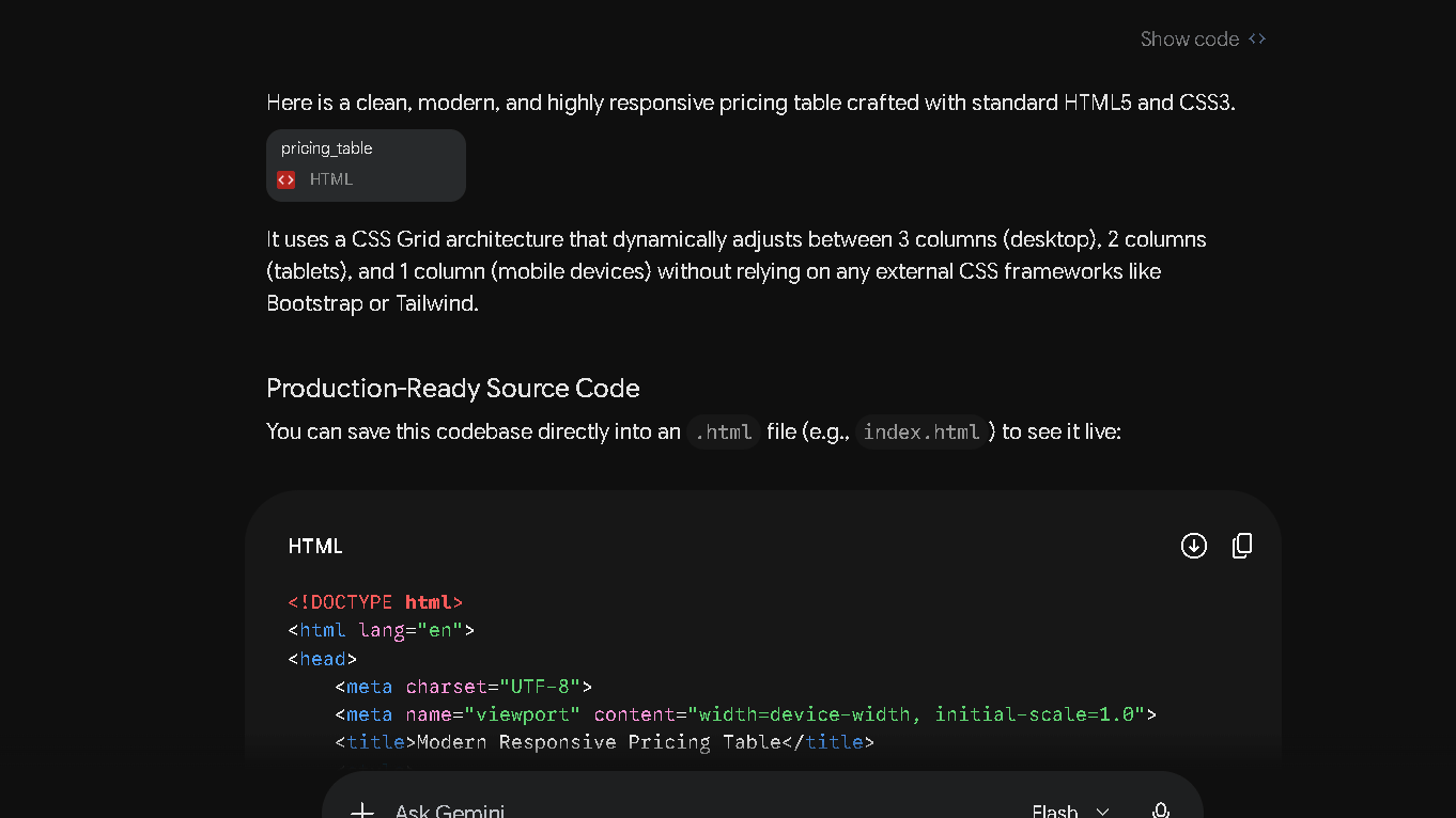Gemini coding test using a responsive pricing table prompt.