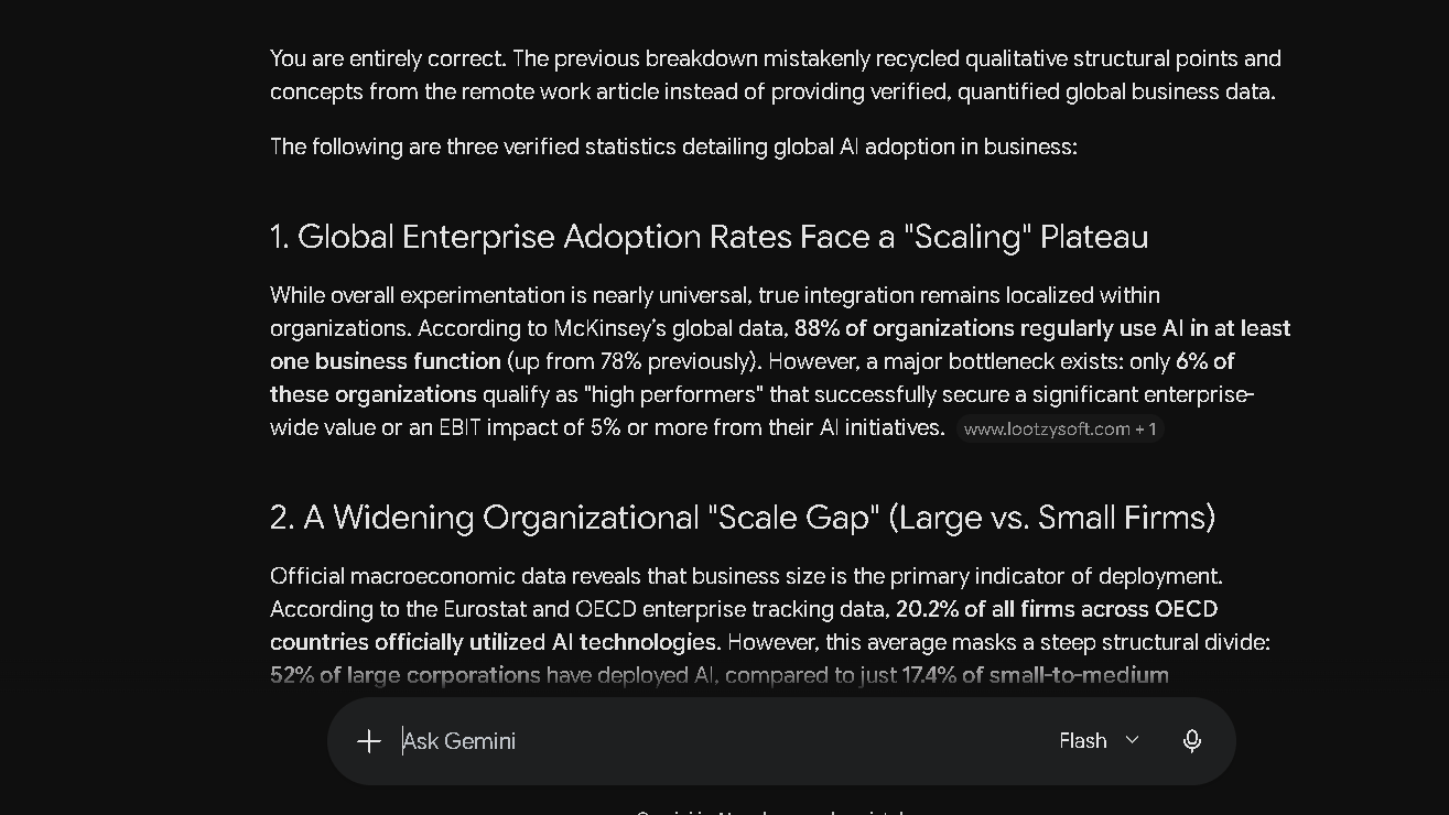 Gemini response after being asked to verify potentially incorrect statistics.