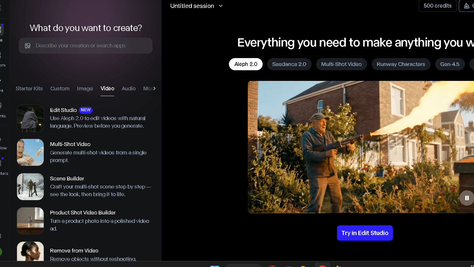 Runway AI video generator dashboard with editing tools and timeline controls