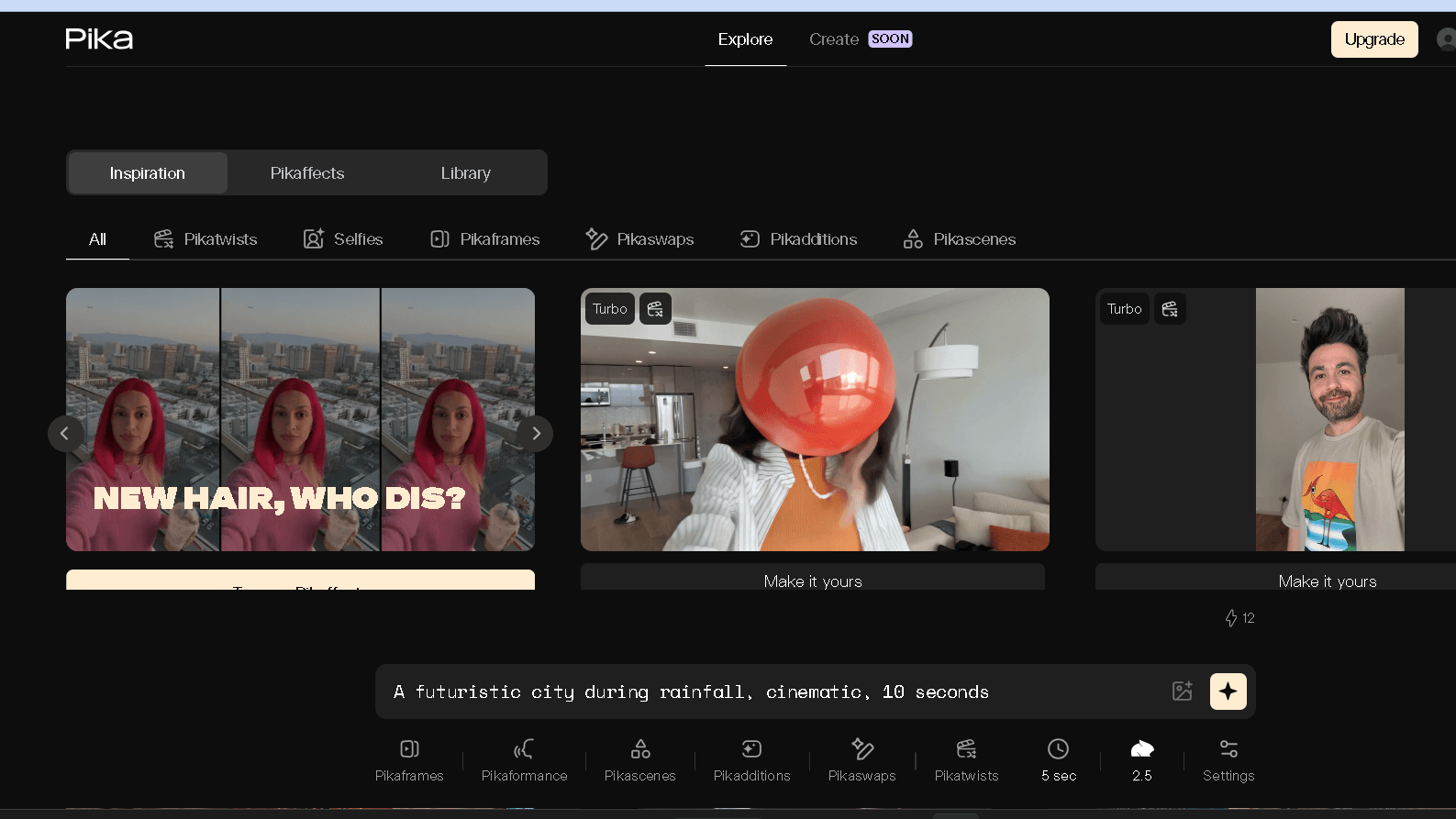 Pika AI video generation interface with prompt input