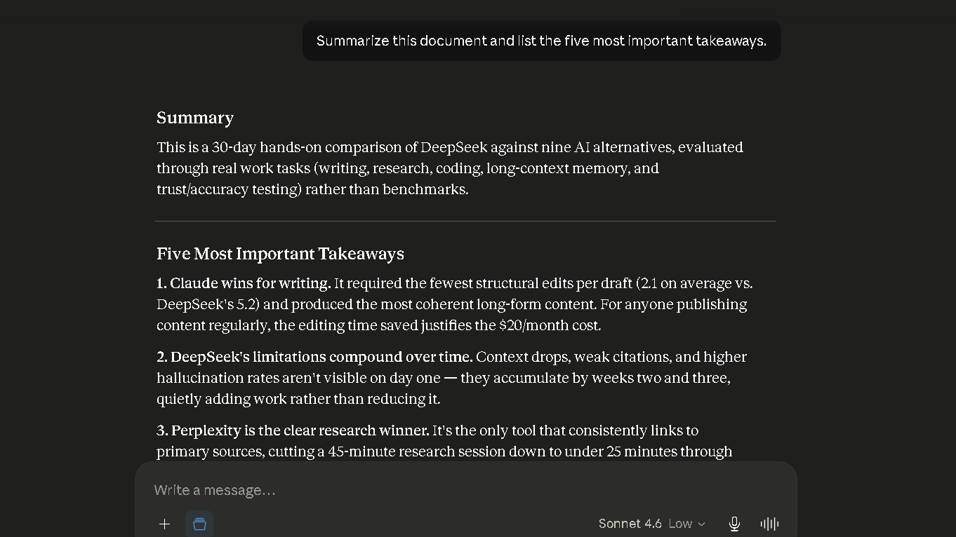 Claude AI analyzing a large uploaded document using its 200K context window