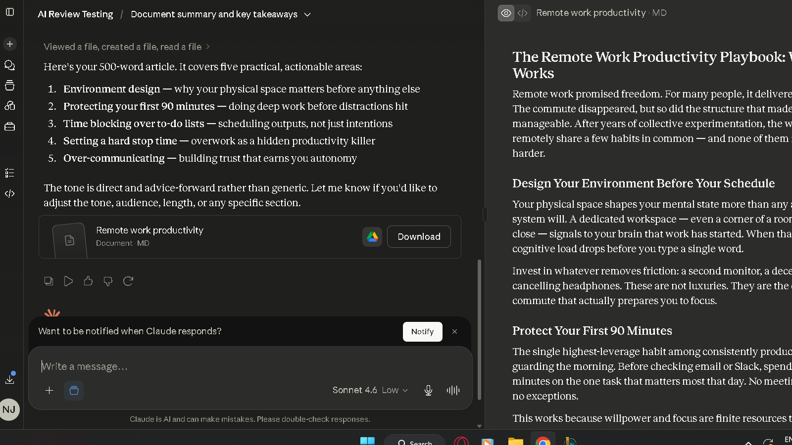 Claude AI chat interface showing the Anthropic assistant dashboard