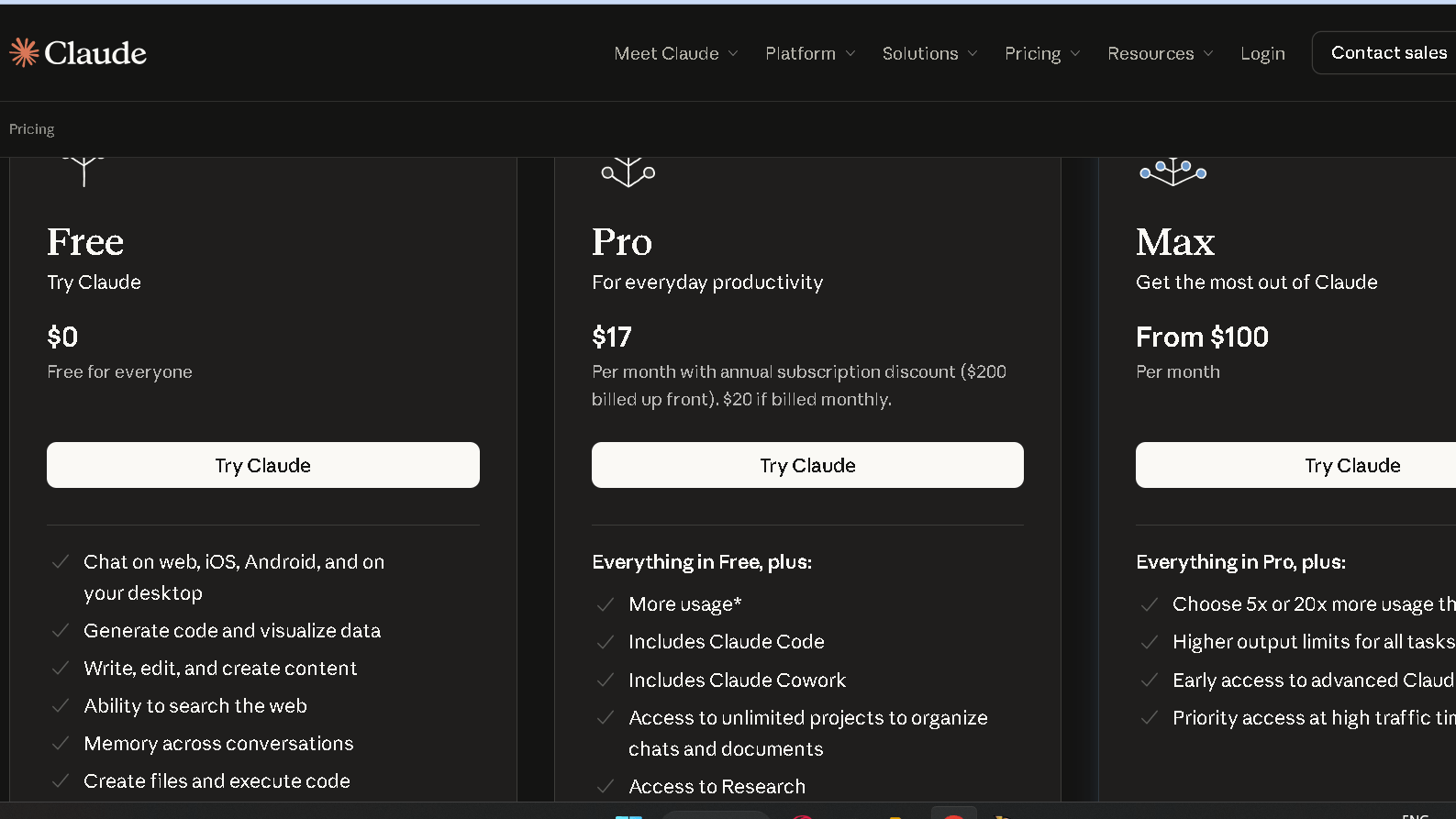 Claude AI pricing page showing Free, Pro and Max plans