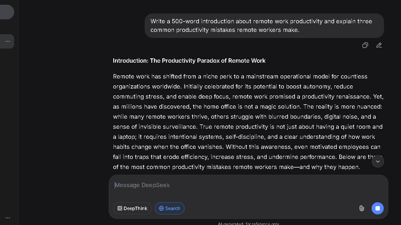 DeepSeek generating a long-form article introduction about remote work productivity
