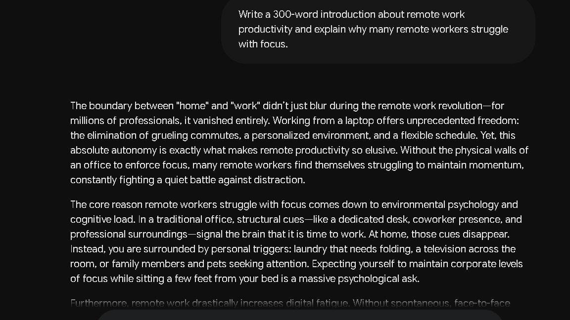 Gemini response to a remote work productivity writing prompt