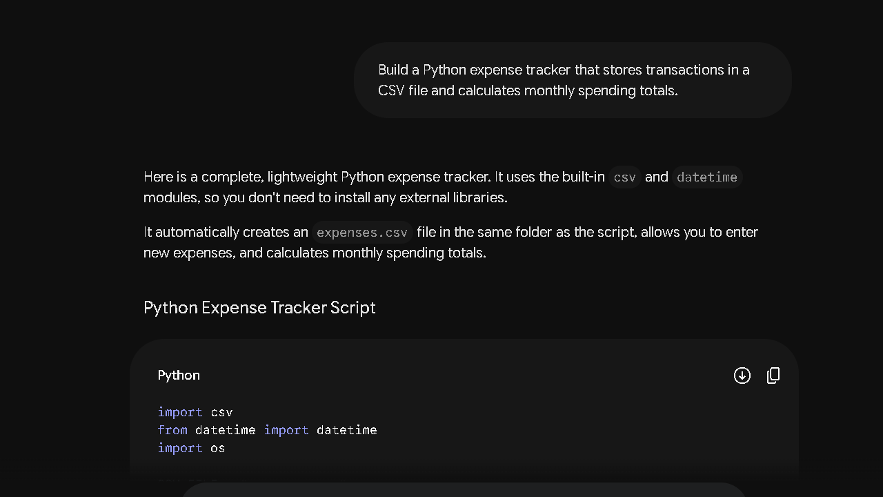 Gemini Python expense tracker code example