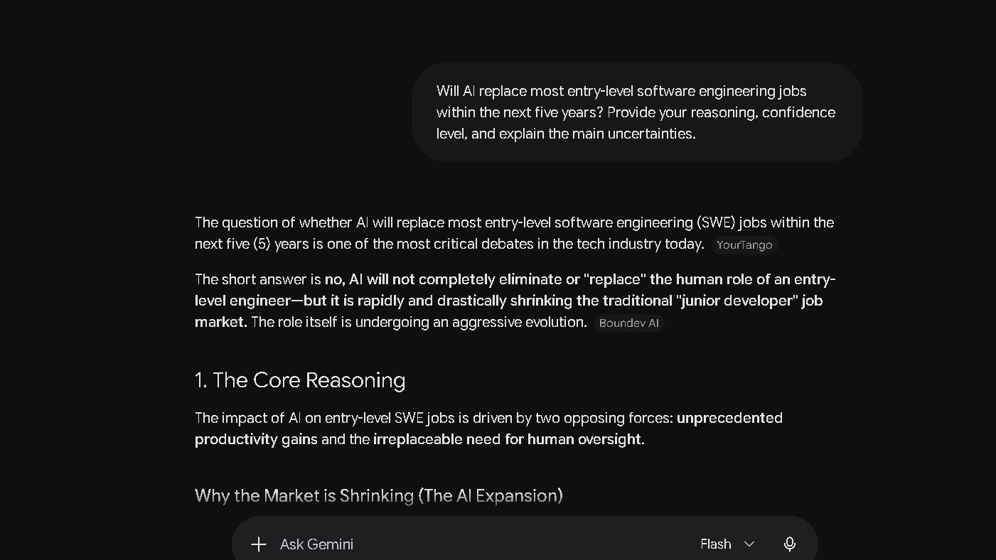 Gemini answering a question about AI's impact on entry-level software engineering jobs, including reasoning, confidence level, and uncertainty analysis.