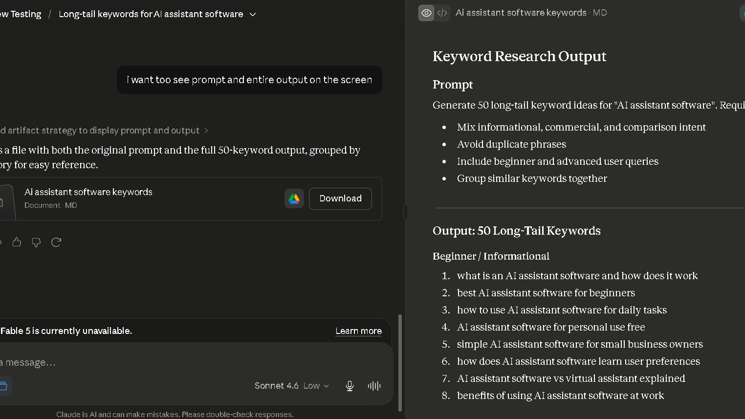 Claude generating long-tail keyword ideas for AI assistant software during keyword research testing.