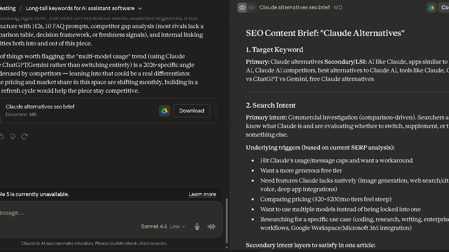 Claude creating a detailed SEO content brief for the keyword Claude Alternatives.