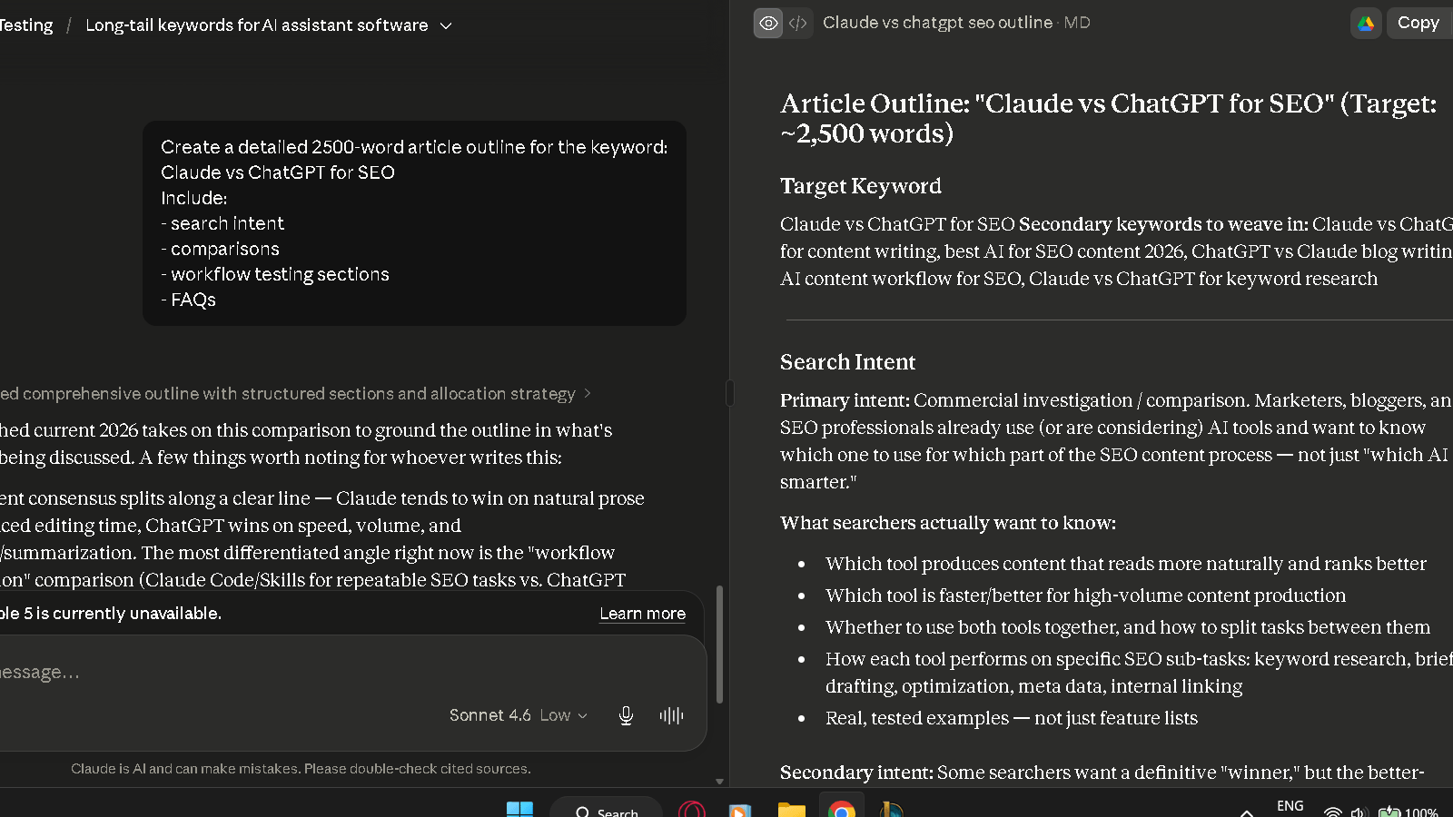 Claude maintaining structure across a long-form SEO article draft.