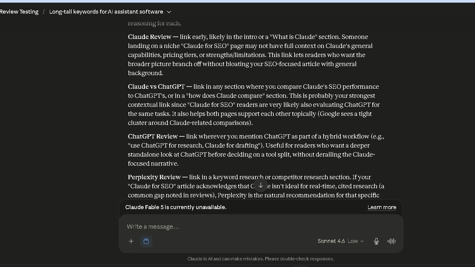 Claude suggesting internal links and topic relationships for an SEO article.