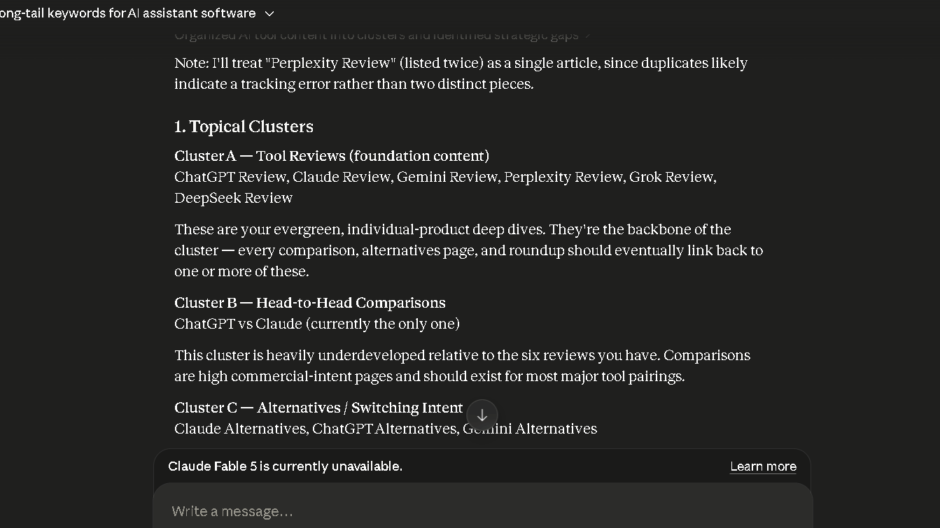 Claude organizing articles into topical authority clusters and suggesting content gaps.