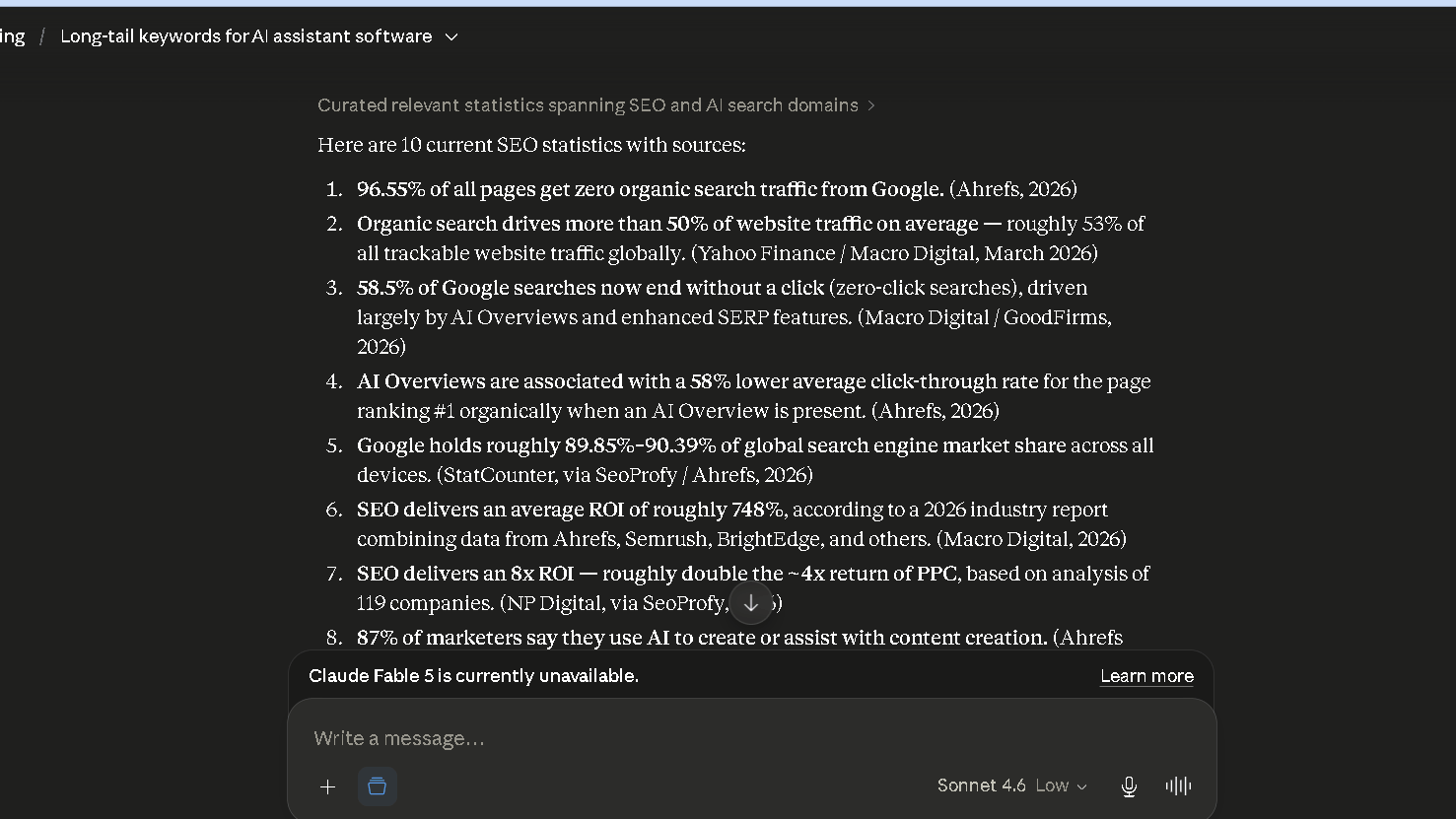 Claude providing SEO statistics and sources during trust and accuracy testing.