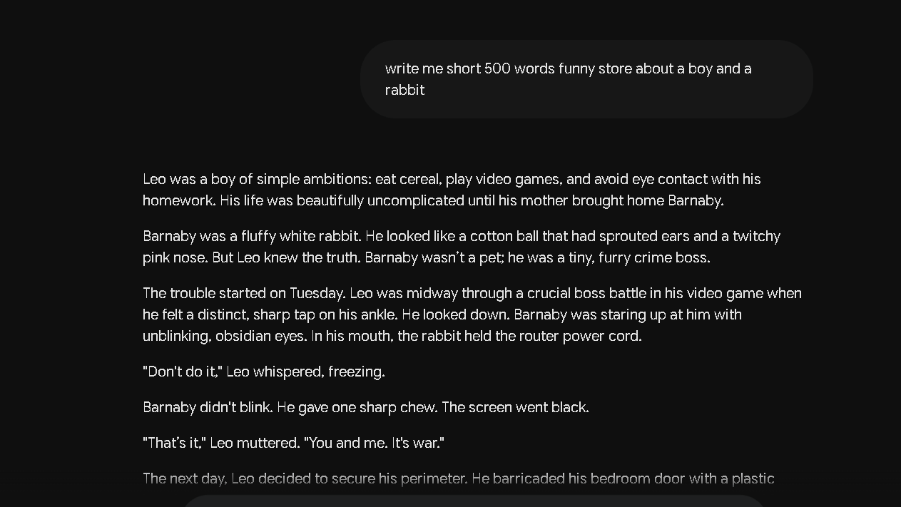 Gemini AI creative writing example showing a fictional story generated from a writing prompt.