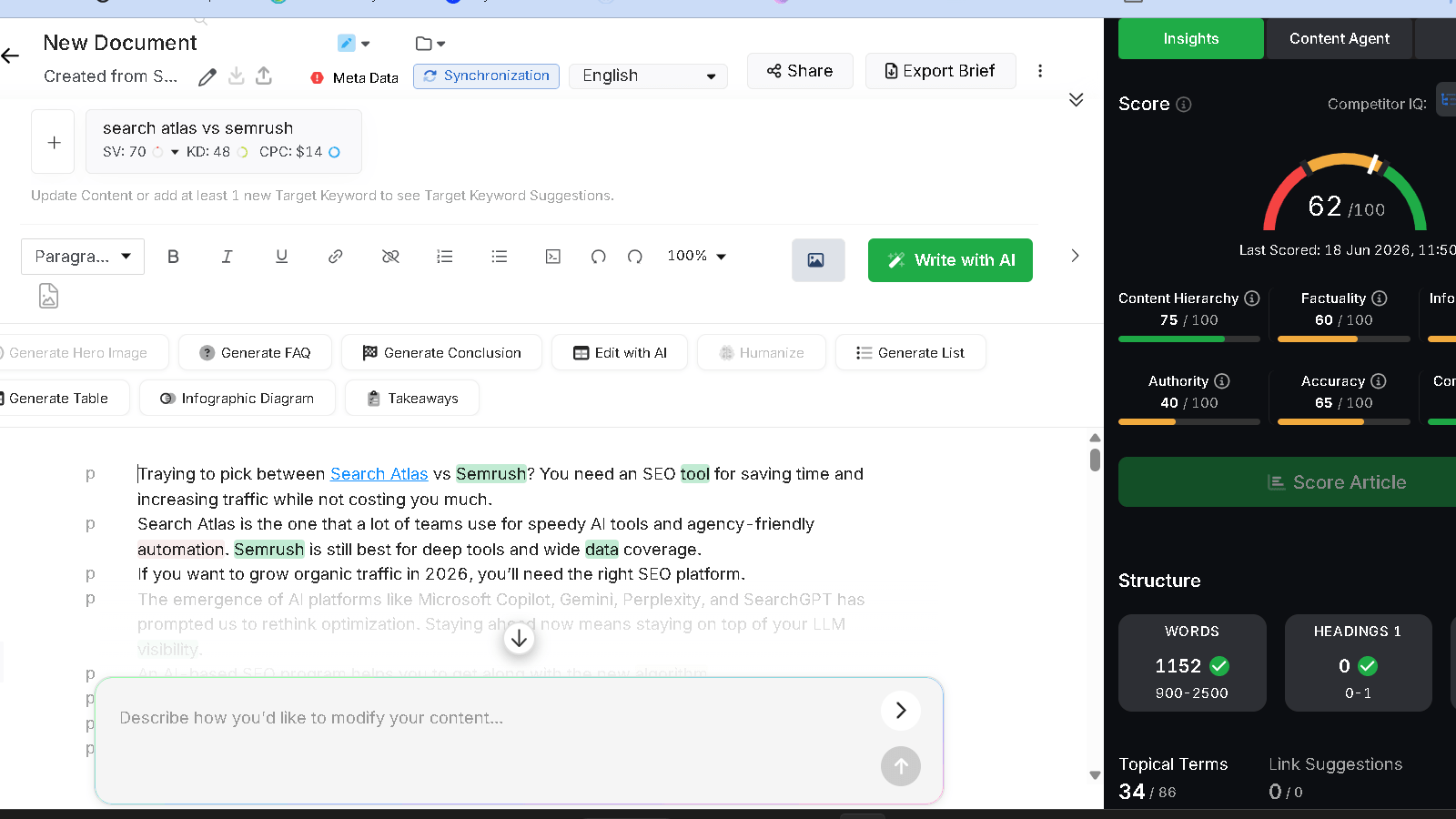 Search Atlas Content Optimization Editor displaying content score, optimization recommendations, topical coverage analysis, and article improvement metrics for an SEO comparison article.