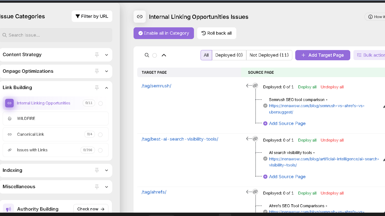 Search Atlas internal linking opportunities tool displaying automated internal link recommendations and SEO optimization tasks.
